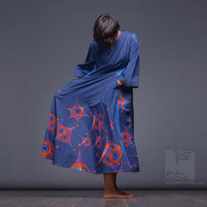 Experimenta ultramarine long dress "Octahedron" with long sleeves. Organic avant-garde clothes.