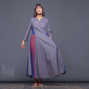 Long sleeve asymmetrical innovation dress by Squareroot5 women clothes. Blue. Uncommon semi pleated dress