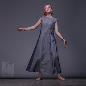 Long achromatic ascetic dress. Geometrical design dress for creative women. Alternative fashion