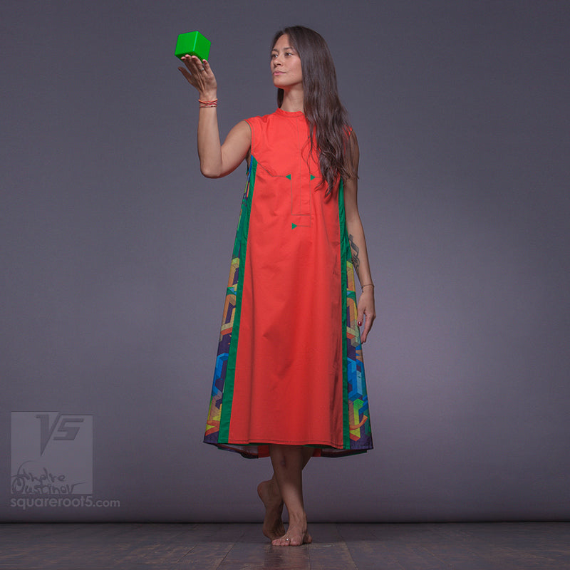 Long avant-garde long geometric dress "Cosmic tetris" model "Orange Green" Designer dresses for creative women by Squareroot5 wear 