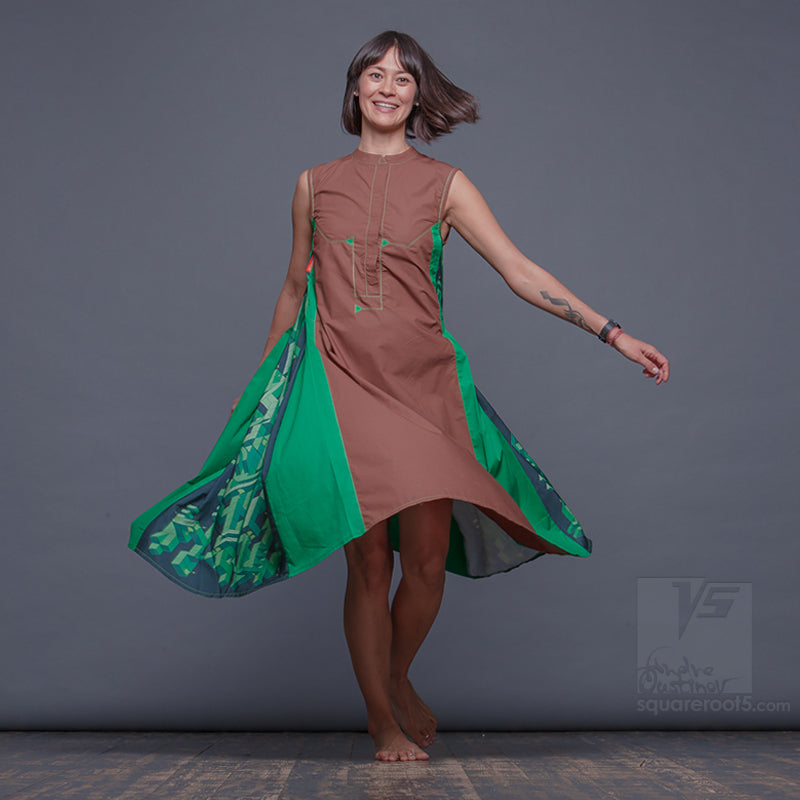 DRESS Twist "COSMIC TETRIS" MODEL "BG" BROWN-GREEN contemporary women's clothing 