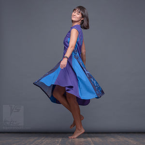 Experimental dress with geometrical pattern. Summer avant garde dress. Violet-Blue