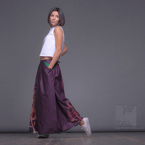 Long cotton skirt "Samurai Girl", model "Cosmic monochrome purple"  With avant-garde and colorful print