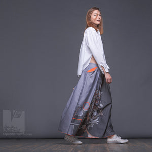 Long cotton skirt "Samurai Girl", model "Cosmic Gray"  With avant-garde and colorful print, designed by Squareroot5 fashion 