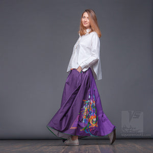Long cotton skirt "Samurai Girl", model "Cosmic Violet"  With avant-garde and colorful print, designed by Squareroot5 wear 