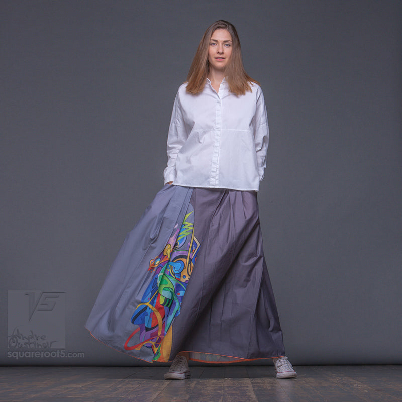 Long cotton skirt "Samurai Girl", model "Solar Gray" With avant-garde and colorful print, designed by Squareroot5 wear 