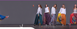 Four girls in bright long avant-garde skirts emerald purple gray and yellow. Squareroot5 "Samurai girl" stile