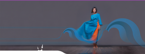 Going out long dress "Water" turquoise color. Orange bright inserts. Free clothes. A girl with a determined look.