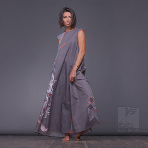 Long cotton dress "Atlantis", model "Grey Cosmic"  With avant-garde and colorful print