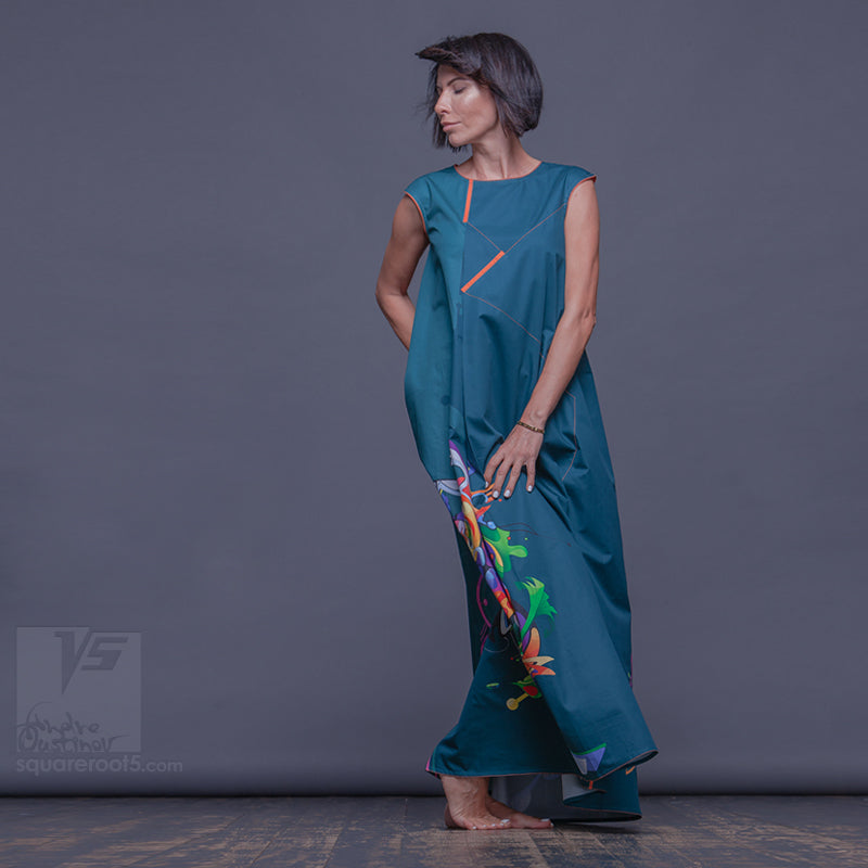Long cotton dress "Atlantis", model "Emerald Cosmic"  With avant-garde and colorful print