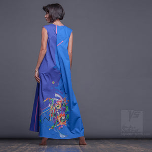 Experimental design blue-cerulean dress with geometric pattern. For tall women
