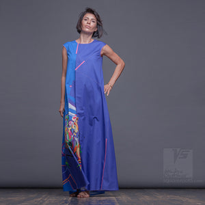Cerulean long maxi dress with Asymmetrical aesthetic. Birthday gifts for her.