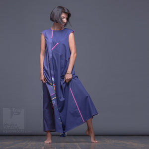 Unusual gift idea. Experimental maxi ultramarine dress with abstract pattern. 
