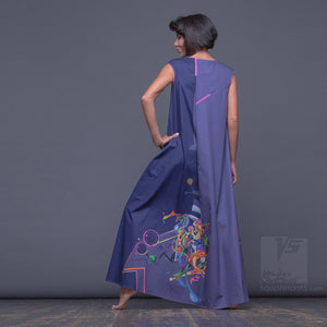 Experimental design ultramarine dress with geometric pattern. For tall women