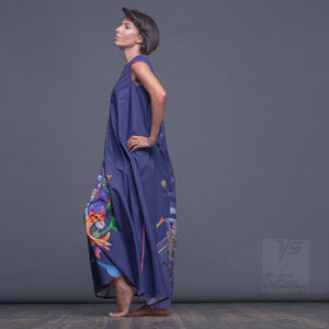 Bright, abstract aesthetic dress with short sleeves. Ultramarine, Dark-blue