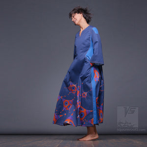 Dark blue long dress. Organic avant-garde clothes with geometric pattern