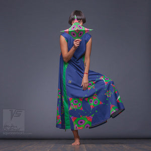Bright, geometrical aesthetic dress with short sleeves. Dark-blue and green.