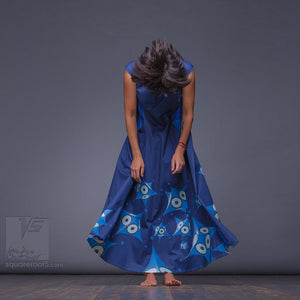 Unusual dark-blue dancer dress with short sleeves. Geometric pattern