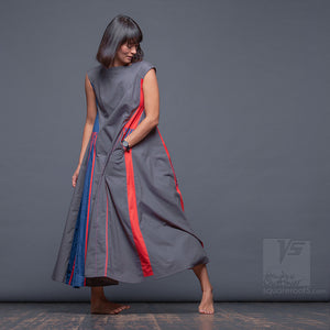 Long avant-garde dress "Revolution", model SRB "Short Red-Blue" Designer dresses for creative women by Squareroot5 wear 
