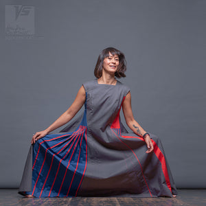 Asymmetrical long dress  "Revolution" with short sleeves. Red, blue and grey. Designer dresses for creative women