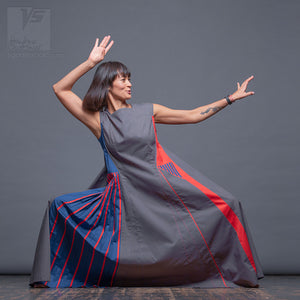 Asymmetrical long dress  "Revolution" with short sleeves. Red, blue and grey. Designer dresses for creative women