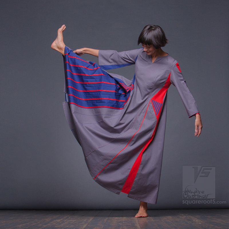 Long avant-garde dress "Revolution", model "Red Blue" Designer dresses for creative women by Squareroot5 wear 