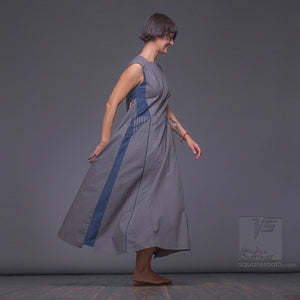 Grey dress with futuristic design. Strict avant garde dress by Squareroot5 fashion