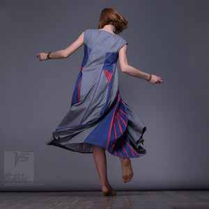 Short sleeve asymmetrical innovation dress by Squareroot5 women clothes. Blue. Uncommon semi pleated dress