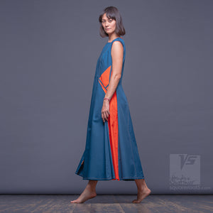 Maxi cotton dress, short sleeves and side pockets . Turquoise-Orange. by Squareroot5 wear