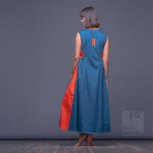 Maxi cotton dress, short sleeves and side pockets . Turquoise-Orange. by Squareroot5 wear