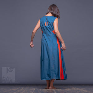 Short sleeve turquoise dresses "Sidelights" with eccentric design and orange accents.