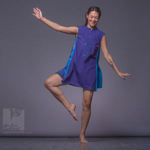 Short party dress "Cosmic Tetris". Violet and blue. Designer dresses for creative women.