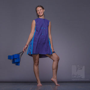 Experimental dress with geometrical pattern. Beach dress. Violet-Blue