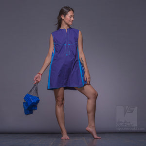 Experimental festival design purple dress with geometric pattern.