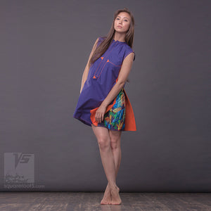 Short party dress "Cosmic Tetris". Violet and orange. Designer dresses for creative women.