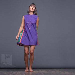 Short party dress "Cosmic Tetris". Violet and orange. Designer dresses for creative women.