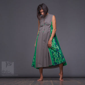 Long avant-garde long geometric dress "Cosmic tetris", model "Gray Green" Designer dresses for creative women by Squareroot5 wear 