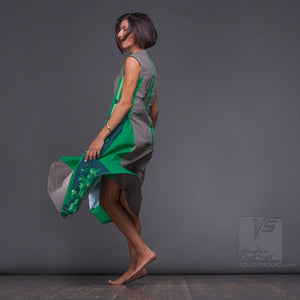 Experimental dress with geometrical pattern. Green-Grey color. Abstract pattern