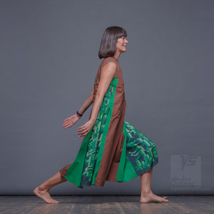Long party dress "Cosmic Tetris". Brown and green. Designer dresses for creative women.