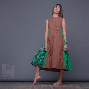 Long party dress "Cosmic Tetris". Brown and green. Designer dresses for creative women. Geometric pattern