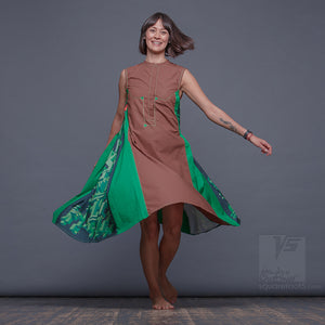 DRESS Twist "COSMIC TETRIS" MODEL "BG" BROWN-GREEN contemporary women's clothing 