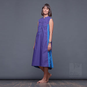 Long party dress "Cosmic Tetris". Violet and blue. Designer dresses for creative women.