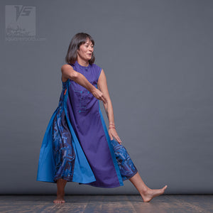 Long party dress "Cosmic Tetris". Violet and blue. Designer dresses for creative women.