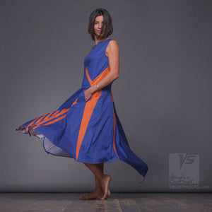 Unconventional and avant-garde purple long dress with Geometrical design and Futuristic  pattern