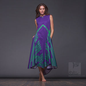 Experimenta violet long dress with short sleeves. Organic avant-garde clothes.