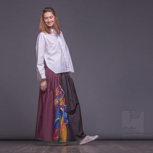 Long cotton skirt "Samurai Girl", model "Cosmic Burgundy"  With avant-garde and colorful print