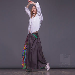 Experimental asymmetrical maxi skirt with abstract pattern by Squareroot5 wear. Burgundy color. Japanese stile.