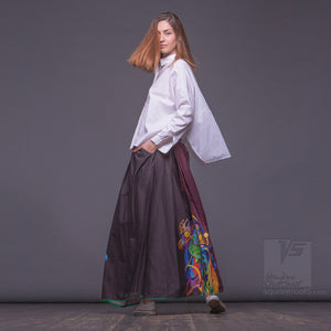 Unusual wrap around avant garde dark red skirt with green pockets