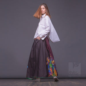 Unusual wrap around avant garde dark red skirt with green pockets