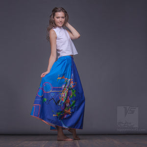 Long cotton skirt "Samurai Girl", model "Cosmic Cerulean"  With avant-garde and colorful print
